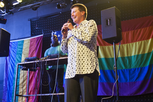 Chris Detrick  |  The Salt Lake Tribune
Utah Pride Center Executive Director Valerie Larabee speaks during a party to show unity, love and celebrate all Utah families at Club Sound Wednesday June 26, 2013.  In historic decisions, the Supreme Court handed gay-rights supporters major victories Wednesday, extending federal rights to same-sex couples and reversing a ban on gay marriage in the nation's largest state.
