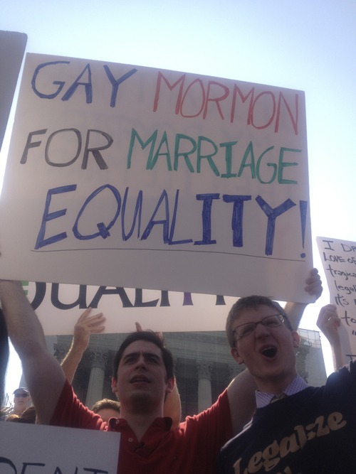 Thomas Burr | The Salt Lake Tribune
David Baker, a 24-year-old gay Mormon from Salt Lake City, left, and Isaac Lederman of New York City joined the throngs of gay rights supporters outside the Supreme Court on Wednesday.