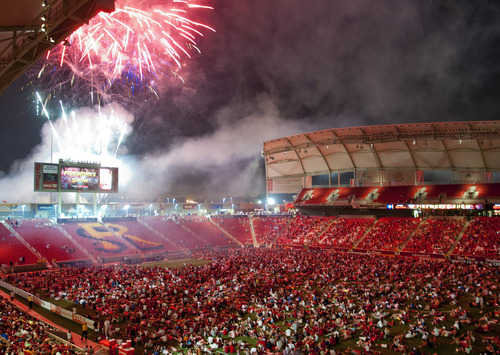 Michael Mangum  |  Special to the Tribune

Fans gather on the field to watch a fireworks display to celebrate the Fourth of July after the conclusion of the MLS match featuring Real Salt Lake and the Seattle Sounders at Rio Tinto Stadium in Sand  on Wednesday, July 4, 2012.