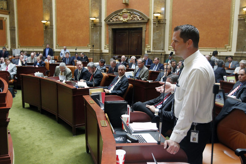 Al Hartmann  |  The Salt Lake Tribune
Rep. Jacob Anderegg, R-Lehi, speaks on the floor of the Utah House on Wednesday, July 3, during debate of HR 9001, which would create a special committee to explore allegations of misconduct against Attorney General John Swallow.