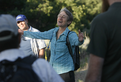Scott Sommerdorf  |  The Salt Lake Tribune
Secretary of Interior Sally Jewell speaks to her hiking partners about her love for the outdoors and her respect for the work that they are doing, prior to leaving on the hike to Barney's Peak in the Oquirrhs with BLM employees, Saturday, June 29, 2013.