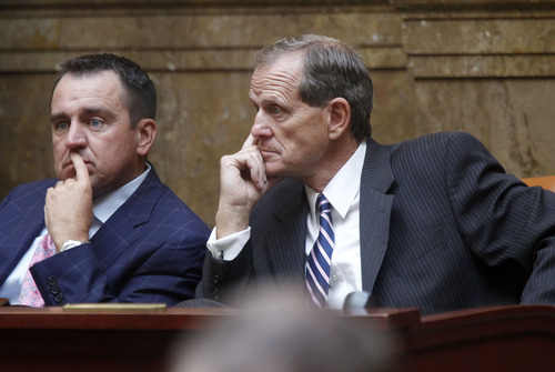 Al Hartmann  |  The Salt Lake Tribune
House Majority Whip Greg Hughes, left, and Majority Leader Brad Dee listen to discussion of HR 9001, which would create a special committee to explore allegations of misconduct against Attorney General John Swallow.