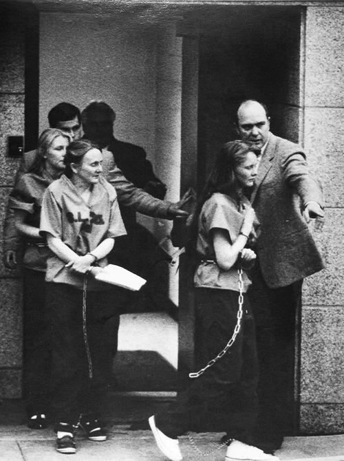 Tribune file photo

Charlotte Swapp (right), Vickie Singer (center) and Heidi Swapp (left) leave federal court after their arraignment. Charlotte and Heidi were both wives of Addam Swapp at the time. Vickie Singer, their mother, was the widow of John Singer.