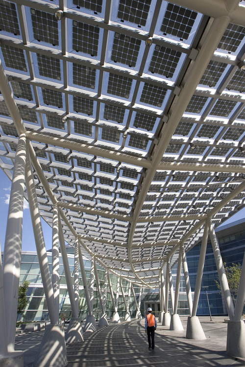 Paul Fraughton  |   Salt Lake Tribune
   The main walkway into the public safety building is covered with solar panels.                         
 Monday, July 1, 2013