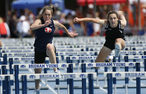 Scott Sommerdorf   |  The Salt Lake Tribune
Brenna Porter, right, of Sky View High, wins the 4A Girls 110 MH with a time of 14.51 at  the State High School track meet held at BYU, Saturday, May 18, 2013. To the left, finishing second is Mindy Stapel of Springville.