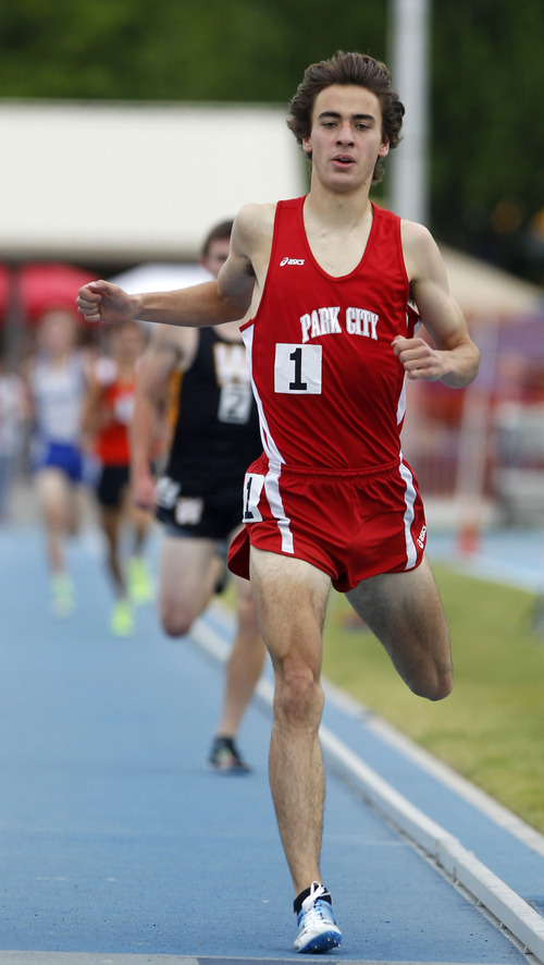 Al Hartmann  |  The Salt Lake Tribune
Park City High School's Ben Saarel finishes far ahead of the field in the boys 1600 meter 3A race at the 2013 UHSAA State Track and Field Championships at BYU Friday May 17. He was shooting for the state record in the event.