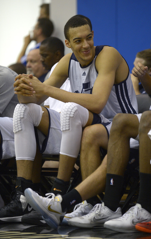 Utah Jazz center Rudy Gobet takes a break on the bench during the second half of an NBA Orlando Pro Summer League game against the Miami Heat in Orlando, Fla., Sunday, July 7, 2013. (Special to the Tribune/Phelan M. Ebenhack)