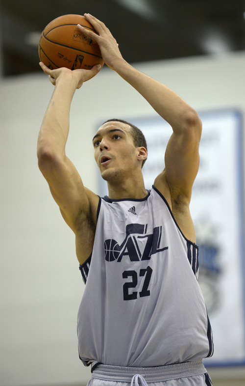 Utah Jazz center Rudy Gobert (27) attempts a free throw during the second half of an NBA Orlando Pro Summer League game against the Miami Heat in Orlando, Fla., Sunday, July 7, 2013. (Special to the Tribune/Phelan M. Ebenhack)