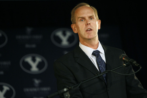 Francisco Kjolseth  |  The Salt Lake Tribune
BYU's Athletic Director Tom Holmoe holds a press conference at Lavell Edwards Stadium in Provo on Wed. Sept. 1, 2010, to discuss their move to football independence in 2011 and the shift of most of their other sports to the West Coast Conference. In addition the program signed an 8-year pact with ESPN to televise Cougar football on the sports leader's family of networks and will also partner with BYUtv.
Provo, Aug. 30, 2010.