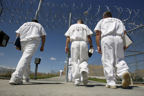 Inmates head back to their cells as he latest phase of expansion of a new wing at the Gunnison Prison is nearing completion with the use of state-allocated funds.  Photo by Francisco Kjolseth/The Salt Lake Tribune 8/18/2008