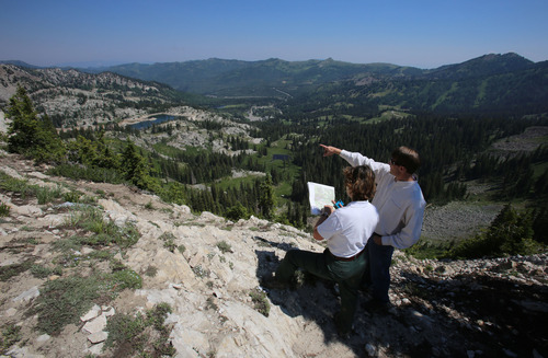 Francisco Kjolseth  |  The Salt Lake Tribune
Salt Lake District Ranger Cathy Kahlow and attorney Charles Livsey look over areas at the top of Big Cottonwood Canyon, above Brighton Resort, that Great Western Mining Co. is proposing to transfer from private ownership into the public domain.