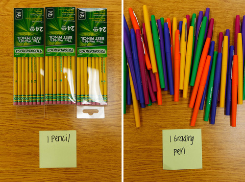 Trent Nelson  |  The Salt Lake Tribune
Pencils and pens to be added to welcome kits for faculty and staff at Woodrow Wilson Elementary School in Salt Lake City, Thursday as part of United Way's Summer of Service.