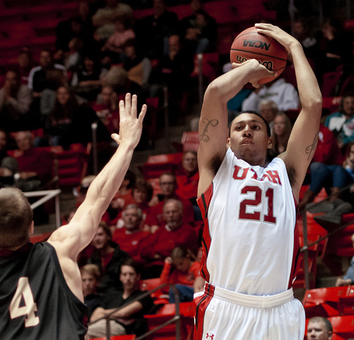 Michael Mangum  |  Special to the Tribune

Utah forward Jordan Loveridge (21) pulls up for a jumpshot during their game against the Willamette Bearcats at the Huntsman Center on Friday, November 9, 2012. Loveridge led the team with 18 points and the Utes beat the Bearcats 104-47.