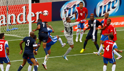 Trent Nelson  |  The Salt Lake Tribune
Costa Rica goalkeeper Patrick Pemberton, center, defending the goal as the Costa Rica defeats Belize 1-0 in CONCACAF Gold Cup soccer at Rio Tinto Stadium in Sandy, Saturday July 13, 2013.