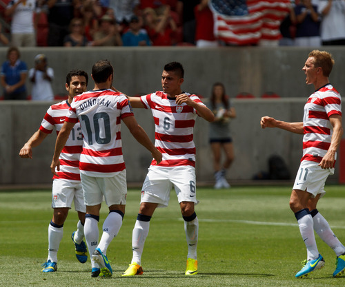 Trent Nelson  |  The Salt Lake Tribune
US players celebrate Landon Donovan's first half goal as the United States faces Cuba in CONCACAF Gold Cup soccer at Rio Tinto Stadium in Sandy, Saturday July 13, 2013.