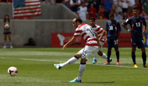 Trent Nelson  |  The Salt Lake Tribune
Landon Donovan scores a first half goal on a penalty kick as the United States faces Cuba in CONCACAF Gold Cup soccer at Rio Tinto Stadium in Sandy, Saturday July 13, 2013.
