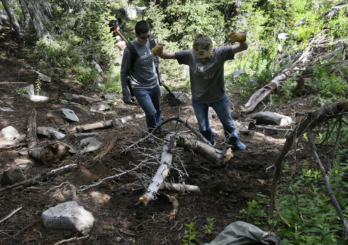 Scott Sommerdorf  |  The Salt Lake Tribune
Andie Saunders playfully raises her arms in victory after moving a heavy log as she works with fellow volunteer David Gamboa as they restore a wooded area near Alta Ski Resort, Saturday, July 13, 2013.