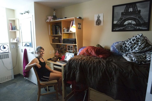 Leah Hogsten  |  The Salt Lake Tribune
Utah State University senior Saige Millsap has enjoyed living on campus housing for her college career, including her new digs in Davis Residence Hall for the summer semester Thursday, July 11, 2013. Utah State has a higher portion of residential students and says many of them do better in school.