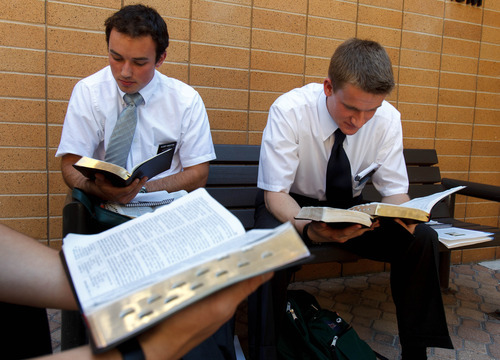 Trent Nelson  |  The Salt Lake Tribune
Jared Knighton and Taylor Clark study Mormon scriptures at the LDS Missionary Training Center in Provo Tuesday June 18, 2013.