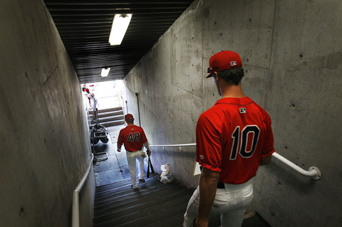Scott Sommerdorf   |  The Salt Lake Tribune
Owlz players Brandon Bayardi (48) and Alan Busenitz (10) head out to the dugout from the Owlz locker room prior to the Orem Owlz game versus the Billings Mustangs, Sunday, July 14, 2013.