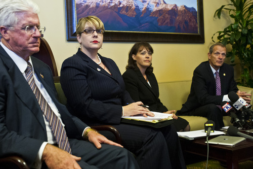 Chris Detrick  |  The Salt Lake Tribune
Majority Assistant Whip Don Ipson, R-St. George, Rep. Jennifer Seelig, D-Salt Lake City, House Speaker Becky Lockhart, R-Provo, and House Majority Leader Brad Dee, R-Ogden,speak during a press conference after a special session in the House of Representatives at the Utah State Capitol Wednesday July 17, 2013.