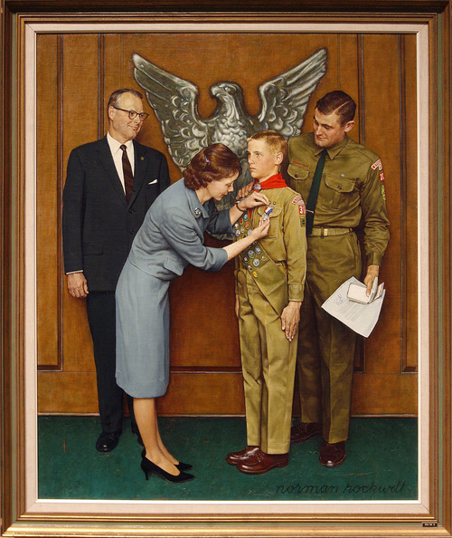 Scott Sommerdorf  |  The Salt Lake Tribune
"A Great Moment" 1963 - Norman Rockwell. An illustration for the 1965 Brown & Bigelow Calendar.
"American Originals: Norman Rockwell and Scouting" features 23 original works of art by Norman Rockwell at the LDS Church History Museum. Original artwork in the exhibit draws from a collection of paintings used for Boy Scout calendars and covers of Boys' Life magazine, Thursday, July 18, 2013.