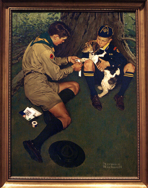 Scott Sommerdorf  |  The Salt Lake Tribune
"Friend in Need" 1947 - Norman Rockwell. An illustration for the 1949 Brown & Bigelow Calendar. "American Originals: Norman Rockwell and Scouting" features 23 original works of art by Norman Rockwell at the LDS Church History Museum. Original artwork in the exhibit draws from a collection of paintings used for Boy Scout calendars and covers of Boys' Life magazine, Thursday, July 18, 2013.