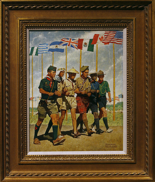 Scott Sommerdorf  |  The Salt Lake Tribune
"Breakthrough for Freedom" 1965 - Norman Rockwell. An illustration for the 1967 Brown & Bigelow Calendar.
"American Originals: Norman Rockwell and Scouting" features 23 original works of art by Norman Rockwell at the LDS Church History Museum. Original artwork in the exhibit draws from a collection of paintings used for Boy Scout calendars and covers of Boys' Life magazine, Thursday, July 18, 2013.