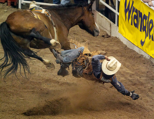 Trent Nelson  |  The Salt Lake Tribune
Winn Ratliff is thrown while competing in Championship Bareback Riding at the Days of '47 Rodeo at EnergySolutions Arena in Salt Lake City Saturday July 20, 2013.
