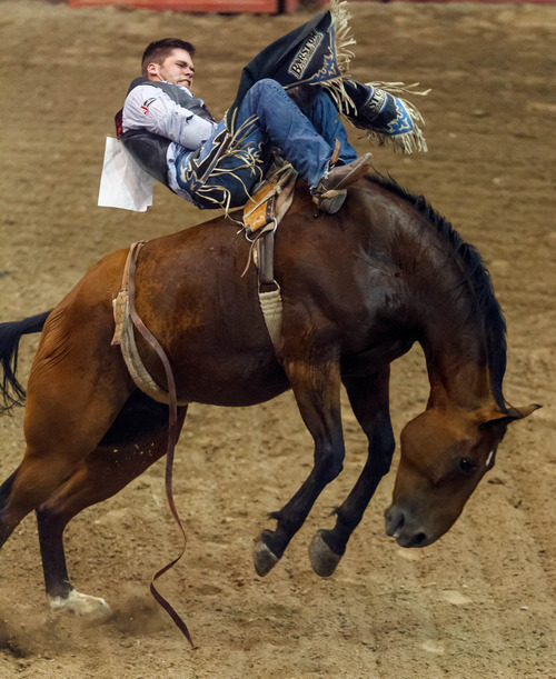 Trent Nelson  |  The Salt Lake Tribune
Luke Creasy competing in Championship Bareback Riding at the Days of '47 Rodeo at EnergySolutions Arena in Salt Lake City Saturday July 20, 2013.