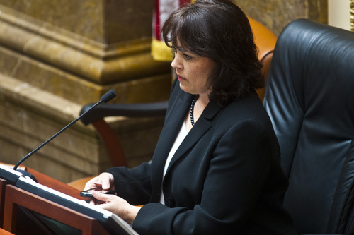 Chris Detrick  |  The Salt Lake Tribune
House Speaker Becky Lockhart, R-Provo, listens during a special session in the House of Representatives at the Utah State Capitol Wednesday July 17, 2013.