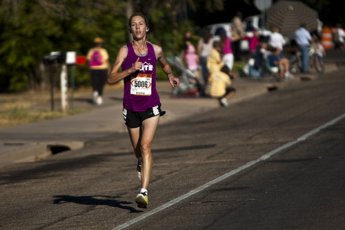 Chris Detrick  |  The Salt Lake Tribune 
Stefanie Talley competes in the St. George Marathon Saturday October 2, 2010.  Talley was the first woman to finish with a time 2:45:18