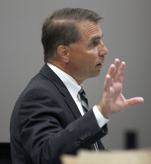 Al Hartmann  |  The Salt Lake Tribune
Richard Mauro, defense lawyer for Nathan Sloop, argues against allowing the death penalty in Judge Glen Dawson's courtroom in Farmington Thursday July 25. Nathan Sloop is to stand trial for allegedly murdering his 4-year-old stepson, Ethan Stacy.