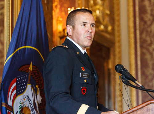 Trent Nelson  |  The Salt Lake Tribune
Utah Army National Guard Brig. Gen. Dallen Atack speaks at a ceremony posthumously awarding the Purple Heart to World War I veteran Walter H. Anderson in Salt Lake City, Friday July 26, 2013.