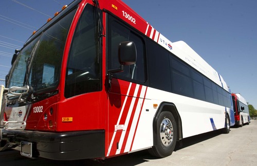 Leah Hogsten  |  The Salt Lake Tribune
The Utah Transit Authority has its first new natural gas bus ready for service and will have a total of 24 in service by the end of the year. The new buses look like the diesel fuel buses, except for the tops of the buses where the natural gas tanks are located.