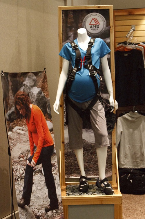 Leah Hogsten  |  The Salt Lake Tribune
A maternity climbing harness sold by Mountain Mama of Ontario, Calif., that sells apparel for active, outdoor women. More than 27,000 attendees peruse the aisles of the Outdoor Retailer's 2013 Summer Market at the the Salt Palace Convention Center Wednesday, July 31, 2013, during Salt Lake City's biggest convention.