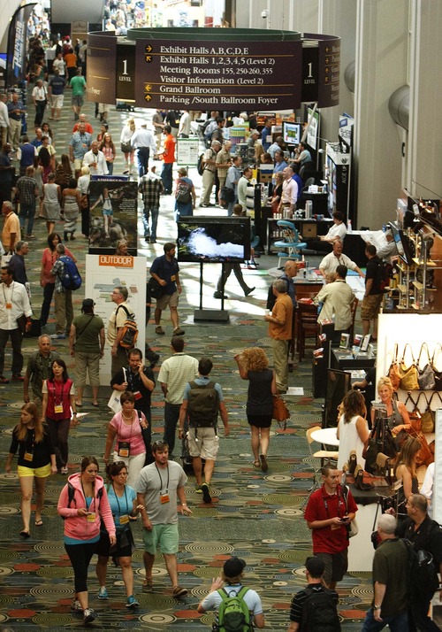 Leah Hogsten  |  The Salt Lake Tribune
More than 27,000 attendees peruse the aisles of the Outdoor Retailer's 2013 Summer Market at the the Salt Palace Convention Center Wednesday, July 31, 2013, during Salt Lake City's biggest convention.