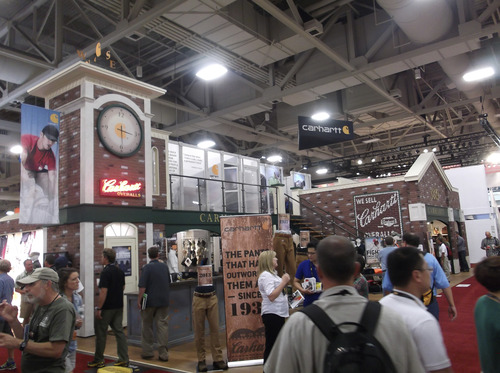 Sean P. Means  |  The Salt Lake Tribune
If there's an award for the most elaborate booth at the Outdoor Retailer Summer Market at the Salt Palace, this small-town clock tower and firehouse display for Carhartt apparel would be a top contender.
