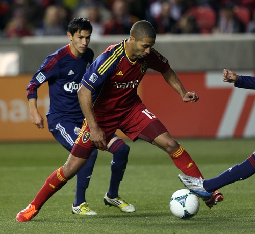 Kim Raff  |  The Salt Lake Tribune
Real Salt Lake forward Alvaro Saborio (15) tries to keep control of the ball in Chivas USA's territory during the second half at Rio Tinto Stadium in Sandy on April 20, 2013. Real went on to win the game 1-0.