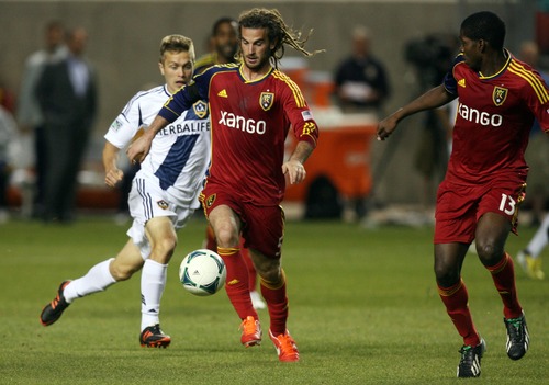 Kim Raff  |  The Salt Lake Tribune
Real Salt Lake midfielder Kyle Beckerman (5) dribbles down the field during the second half against the Los Angeles Galaxy at Rio Tinto in Sandy on April 27, 2013. Real Salt Lake lost the game 2-0.