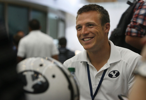Scott Sommerdorf   |  The Salt Lake Tribune
BYU QB Taysom Hill is interviewed during the school's annual football media day on Wednesday at the BYU Broadcasting building, Wednesday, June 26, 2013.