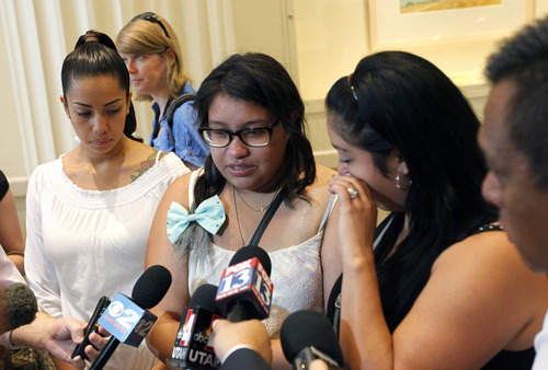 Al Hartmann  |  The Salt Lake Tribune
Sisters Ana, Valeria, and Johana Portillo react to the plea of an unidentified juvenile in the death of their father Ricardo Portillo outside Fourth District Court in Salt Lake City Monday August  5.