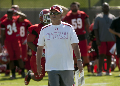 Steve Griffin | The Salt Lake Tribune
Utah co-offensive coordinator, Dennis Erickson , watches a play during football practice on the baseball field on the University of Utah campus in Salt Lake City, Utah Monday August 5, 2013.