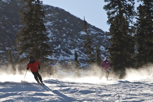 Chris Detrick  |  The Salt Lake Tribune
Skiers go down Bassackwards at Snowbird in 2011. Snowbird, Alta and their partner ski resorts in The Mountain Collective are teaming up with the advocacy group Protect Our Winters (POW) to "unite the winter-sport community on the important issue of climate change."