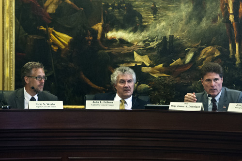 Chris Detrick  |  The Salt Lake Tribune
Eric N. Weeks, Deputy General Counsel, John Fellows, Legislative General Counsel, and Representative Jim Dunnigan, R-Taylorsville,   during a special House committee investigating Attorney General John Swallow at the Utah State Capitol Tuesday August 6, 2013.