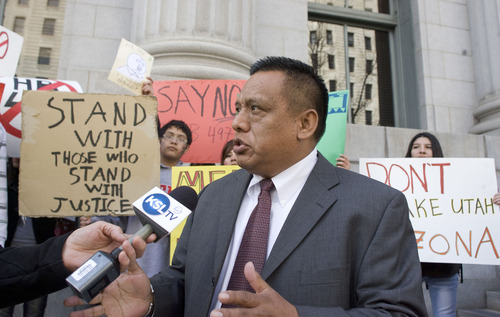Al Hartmann  |  The Salt Lake Tribune
Utah Latino rights advocate Tony Yapias speaks as he leaves the Frank Moss Federal Courthouse Friday February 17 after listening to testimony over  HB497, Utah's enforcement only immigration law.