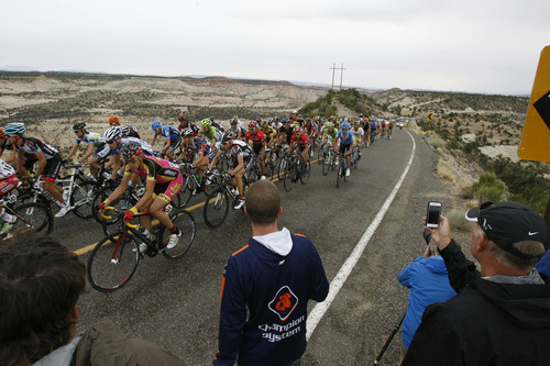 Francisco Kjolseth  |  The Salt Lake Tribune
The peloton climbs onto the Hogsback from Calf Creek along Highway 12 as the Tour of Utah covers some of Utah's most scenic areas for stage 2 with riders taking on 130 miles from Panguitch to Torrey on Wednesday, August 7, 2013.