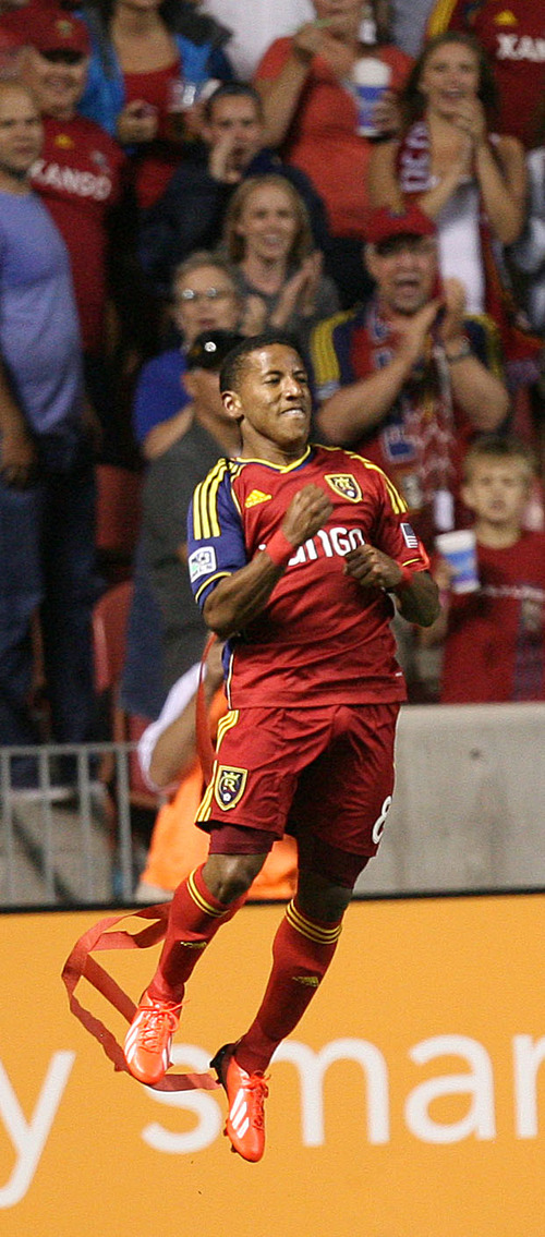 Steve Griffin | The Salt Lake Tribune

Real Salt Lake's Joao Plata leaps into the air in celebration after scoring, what turned out to be the game winning goal, during second half action of the RSL vs. Portland U.S. Open Cup semifinals soccer match at Rio Tinto Stadium in Sandy, Utah Wednesday August 7, 2013.