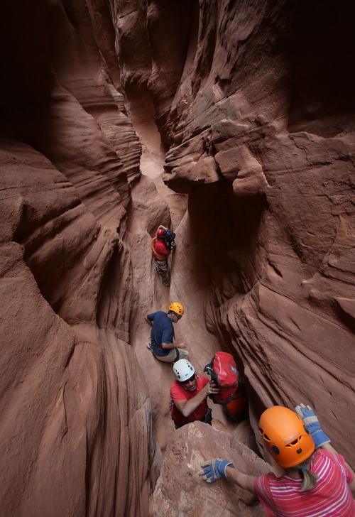 Francisco Kjolseth  |  The Salt Lake Tribune
Moving slow is the name of the game as the group navigates a slot canyon in the Grand Staircase-Escalante National Monument so as to avoid a twisted ankle or worse.