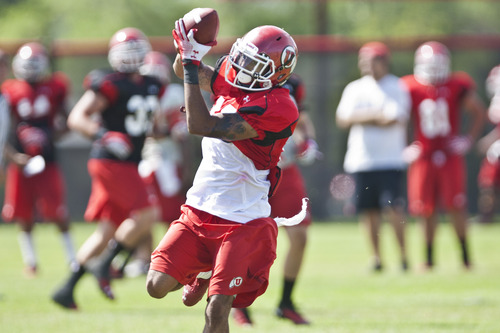 Chris Detrick  |  The Salt Lake Tribune
Utah's Delshawn McClellon (10) makes a catch during a practice at the University of Utah Wednesday August 7, 2013.